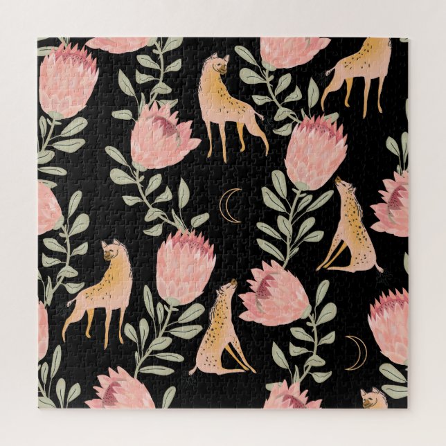 Hyena & Protea: Dark Vintage Pattern Jigsaw Puzzle (Vertical)