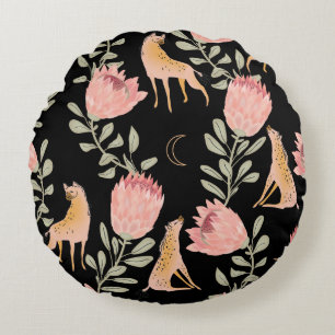 Hyena & Protea: Dark Vintage Pattern Round Cushion