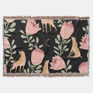 Hyena & Protea: Dark Vintage Pattern Throw Blanket