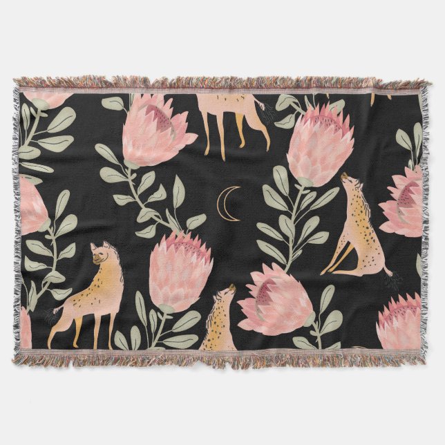 Hyena & Protea: Dark Vintage Pattern Throw Blanket (Front)