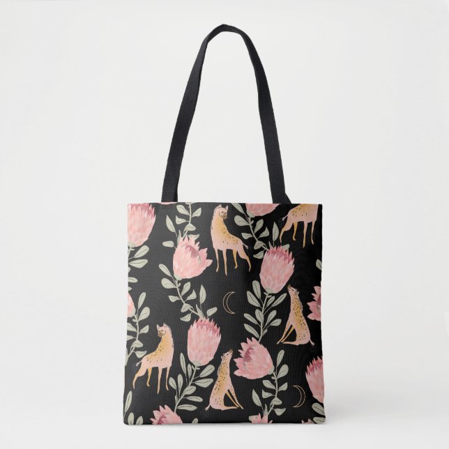 Hyena & Protea: Dark Vintage Pattern Tote Bag (Front)