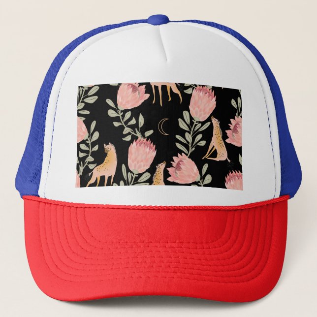 Hyena & Protea: Dark Vintage Pattern Trucker Hat (Front)