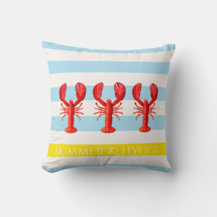 Hygge blue white summer stripes red lobsters cushion
