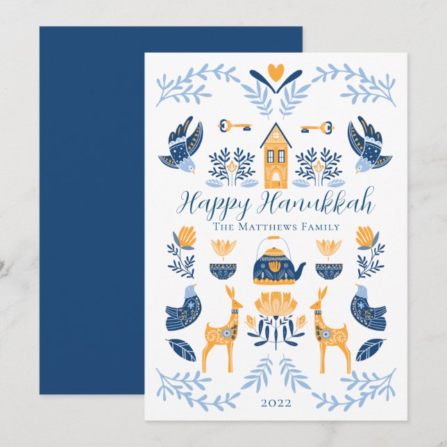 Hygge Blue | Yellow Unique Happy Hanukkah Holiday Card (Front/Back)