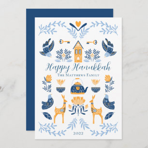 Hygge Blue Yellow Unique Happy Hanukkah Holiday Card