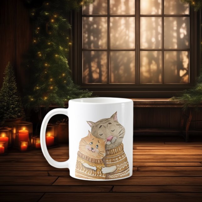 Hygge Cat Hugs Snuggles in Warm Winter Sweaters Coffee Mug (Creator Uploaded)