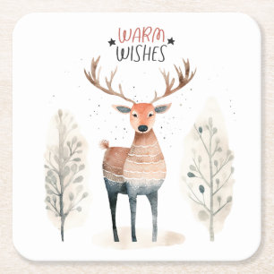 Hygge Christmas Deer  Square Paper Coaster
