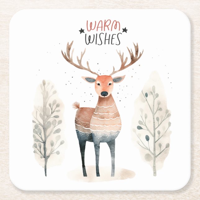 Hygge Christmas Deer  Square Paper Coaster (Front)