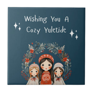 Hygge Christmas Mother and Daughters Wreath  Ceramic Tile