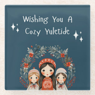 Hygge Christmas Mother and Daughters Wreath Glass Coaster