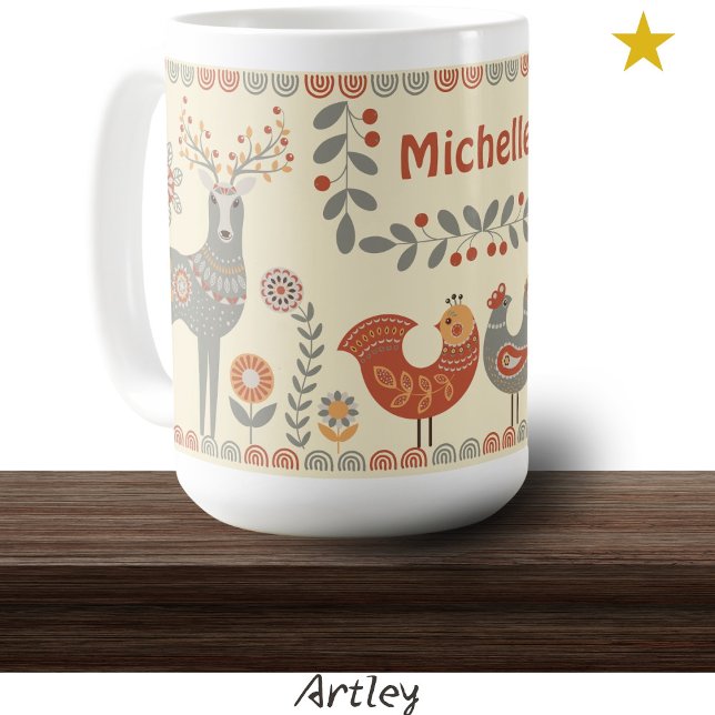 Hygge Folk Art Animals Custom Name  Coffee Mug (Creator Uploaded)