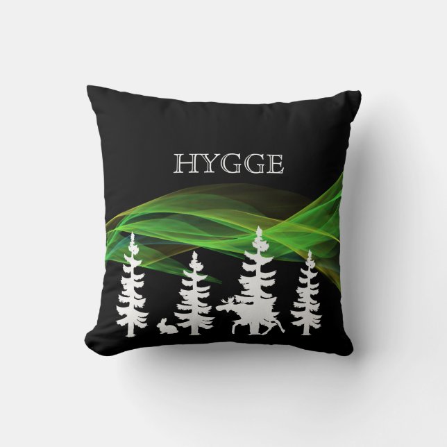 Hygge forest in black white and northern lights cushion (Front)