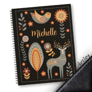 Hygge Scandinavian Folk Art Custom Name Personal Notebook