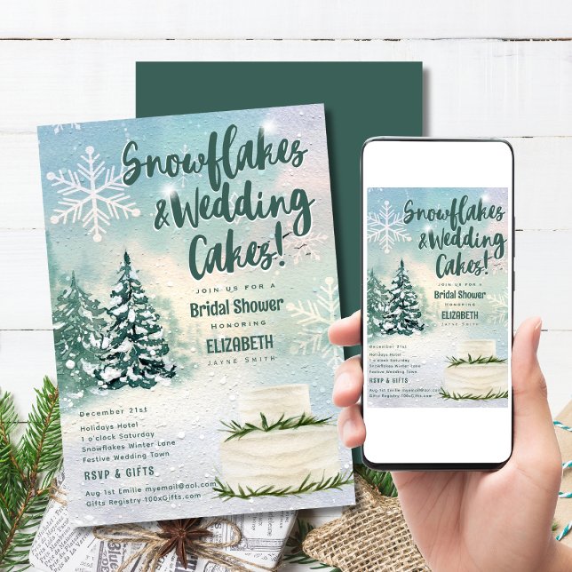 Hygge Snowflakes and Wedding Cake Bridal Shower Invitation (Available printed or as a digital download. Save time on shipping and postage!)