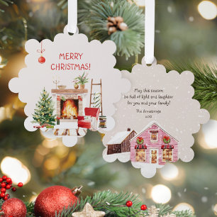 Hygge Watercolor Fireplace Snowflake Christmas Tree Decoration Card