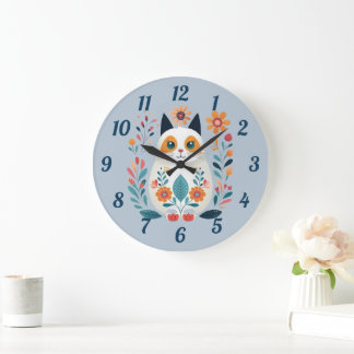 Hygge White Flower Cat Folk Art Large Clock