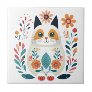 Hygge White Flower Cat Scandinavian Folk Art Ceramic Tile