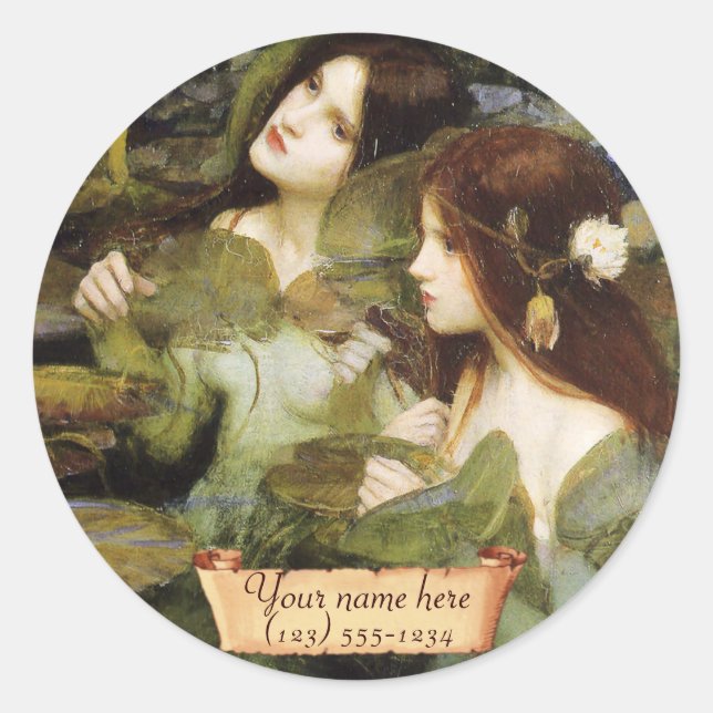 "Hylas and the Nymphs" Pre-Raphaelite Bookplate Classic Round Sticker (Front)