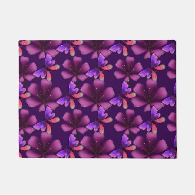Hyper-Bloom Purple Butterfly: Dark  Floral  Doormat (Front)