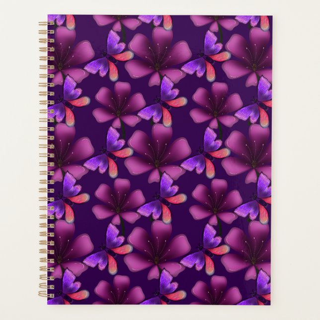 Hyper-Bloom Purple Butterfly: Dark  Floral  Planner (Front)