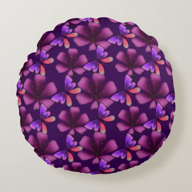 Hyper-Bloom Purple Butterfly: Dark  Floral  Round Cushion (Front)