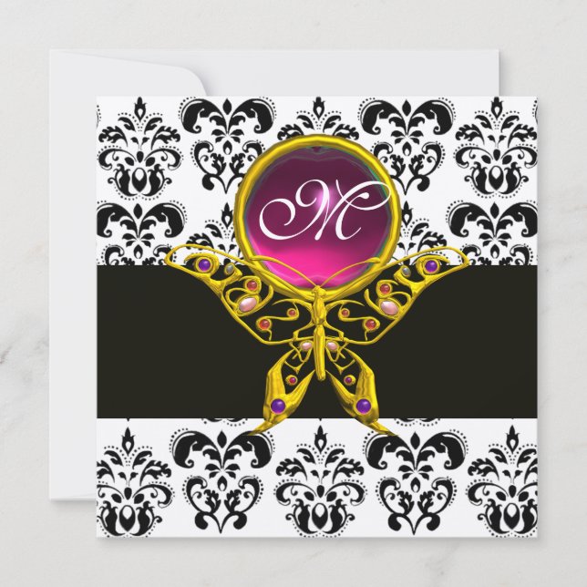 HYPER BUTTERFLY MONOGRAM,black white damask, pink Invitation (Front)