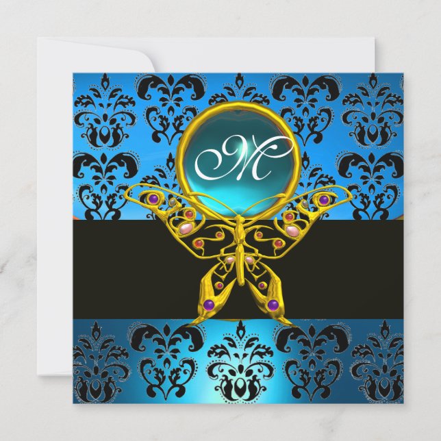 HYPER BUTTERFLY MONOGRAM,blue damask,aquamarine Invitation (Front)