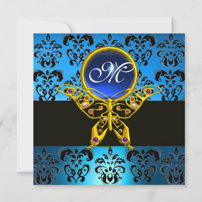 HYPER BUTTERFLY MONOGRAM,blue damask,sapphire Invitation (Front)