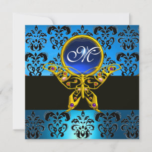 HYPER BUTTERFLY MONOGRAM,blue damask,sapphire Invitation