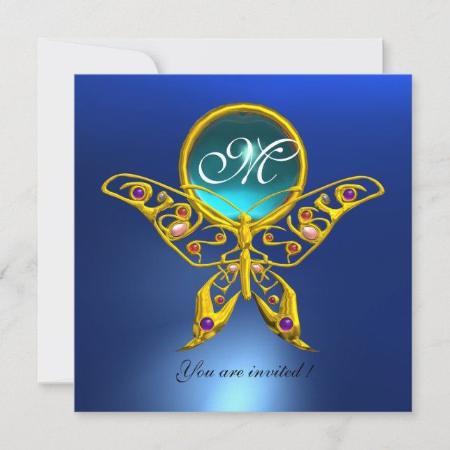 HYPER BUTTERFLY MONOGRAM,blue,turquase aquamarine Invitation (Front)
