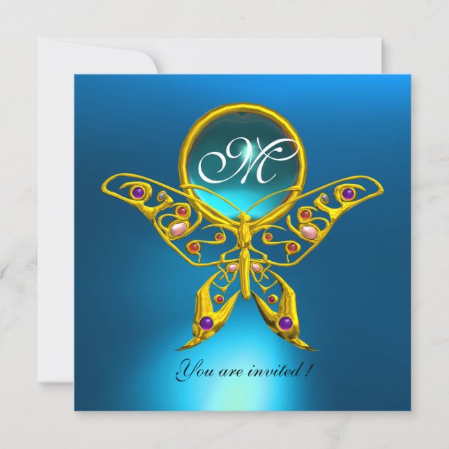 HYPER BUTTERFLY MONOGRAM,blue turquase aquamarine Invitation (Front)