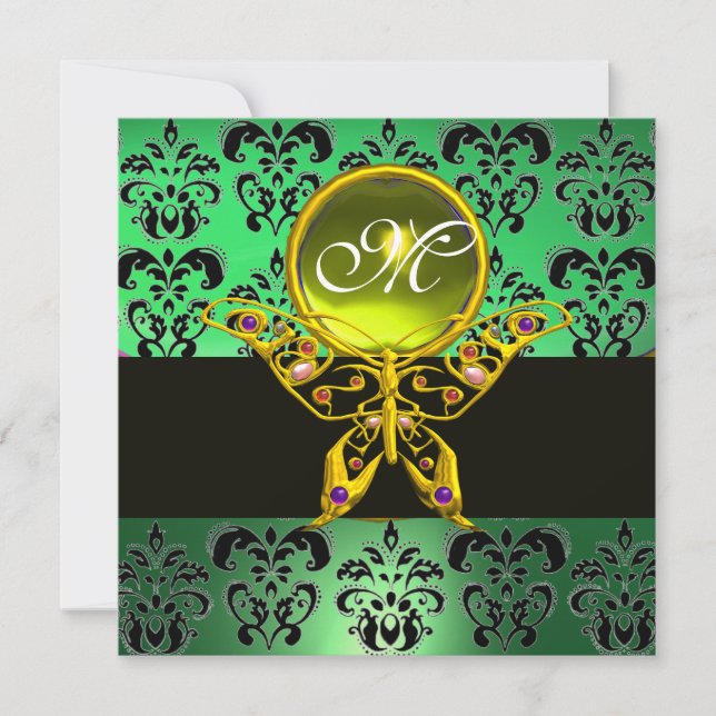 HYPER BUTTERFLY MONOGRAM,green damask, yellow gem Invitation (Front)