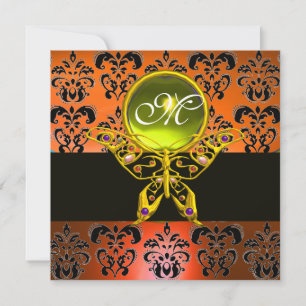 HYPER BUTTERFLY MONOGRAM, orange damask,yellow gem Invitation
