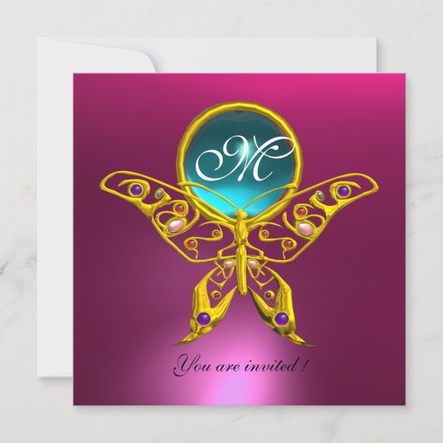 HYPER BUTTERFLY MONOGRAM, pink blue,aquamarine Invitation (Front)