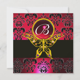 HYPER BUTTERFLY MONOGRAM Red Burgundy Damask Gem Invitation