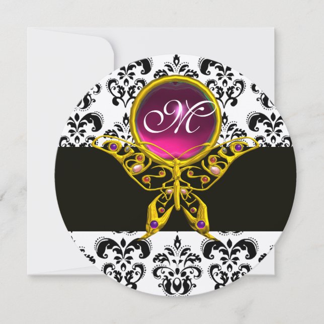 HYPER BUTTERFLY PINK MONOGRAM,black white damask Invitation (Front)