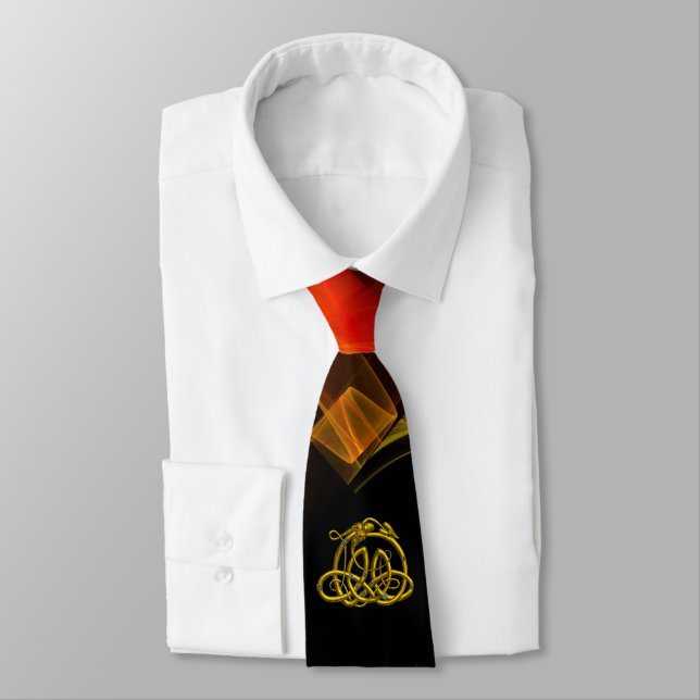HYPER DRAGON,GOLD CELTIC KNOTS Orange Black Swirls Tie (Tied)