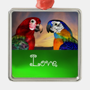 HYPER PARROTS / BLUE AND RED ARA  Emerald Love Metal Ornament