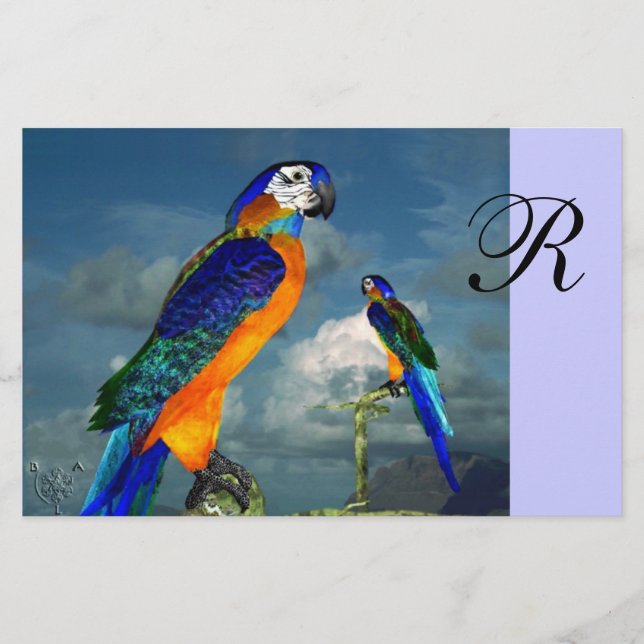 HYPER PARROTS / BLUE ARA  MONOGRAM STATIONERY (Front)
