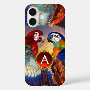 HYPER PARROTS /RED AND BLUE ARA GEMSTONE MONOGRAM iPhone 16 CASE