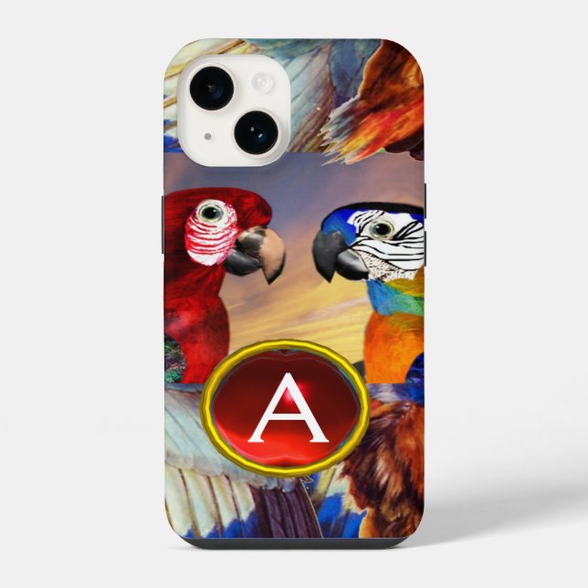 HYPER PARROTS /RED AND BLUE ARA GEMSTONE MONOGRAM iPhone CASE (Back)