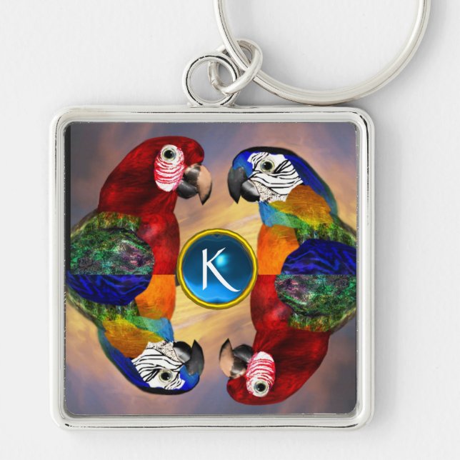 HYPER PARROTS /RED AND BLUE ARA GEMSTONE MONOGRAM KEY RING (Front)