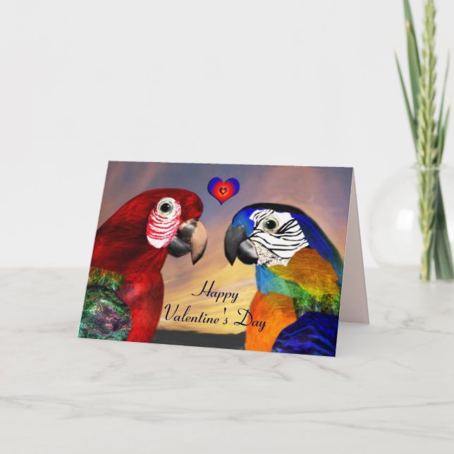 HYPER PARROTS / RED AND BLUE ARA Valentine's Day Holiday Card (Front)