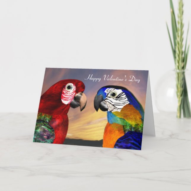 HYPER PARROTS / RED AND BLUE ARA Valentine's Day Holiday Card (Front)