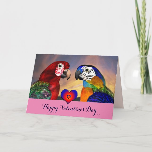HYPER PARROTS RED,BLUE MACAWS Valentine's Day Love Holiday Card (Front)