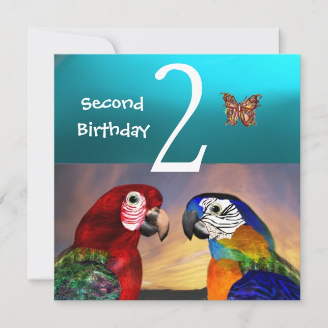 HYPER PARROTS /Second Birthday Party, Turquase Invitation (Front)