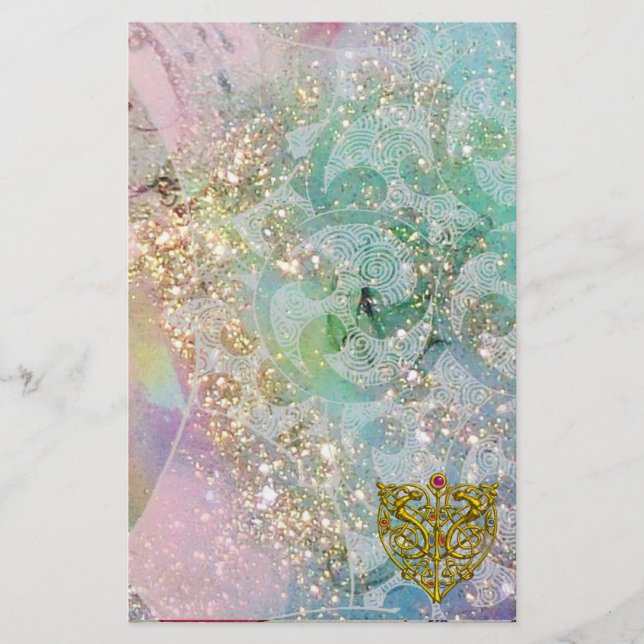 HYPER VALENTINE / GOLD CELTIC HEART, Blue Sparkles Stationery (Front)