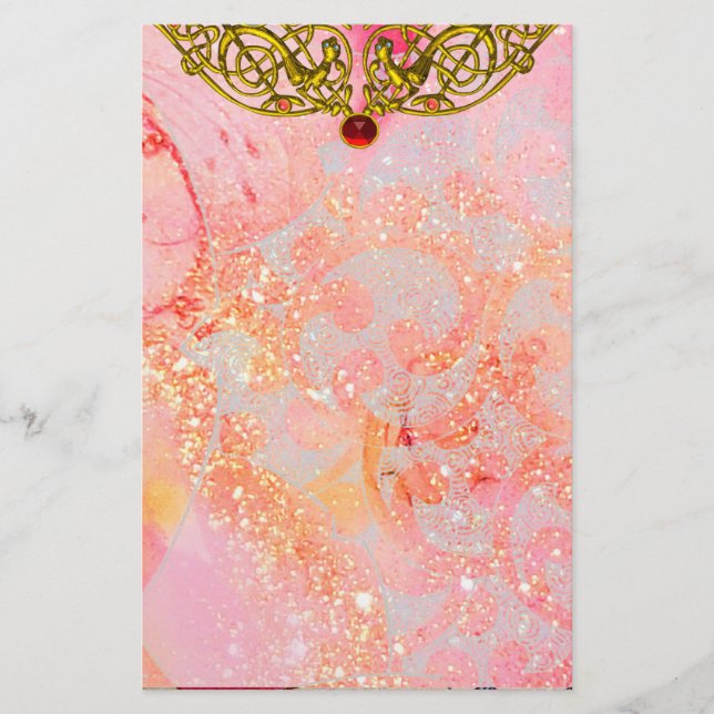 HYPER VALENTINE  /GOLD CELTIC HEART Ruby Pink Stationery (Front)