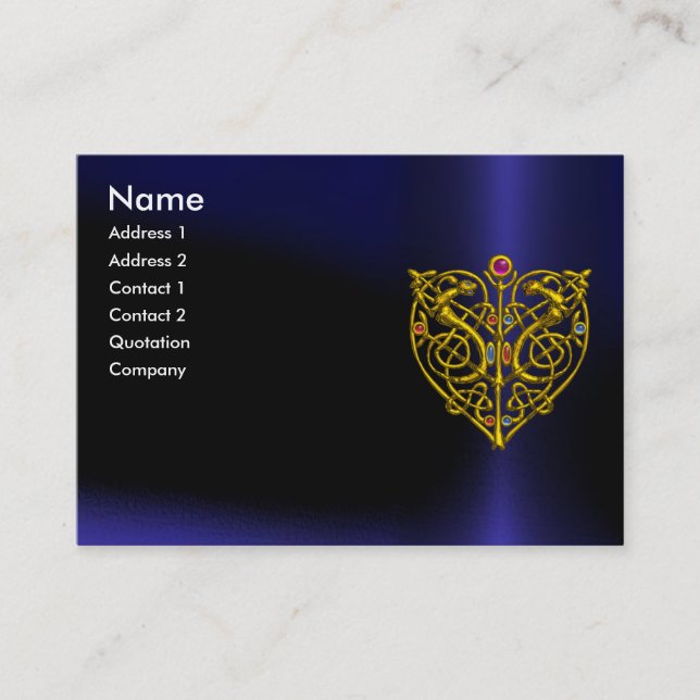 HYPER VALENTINE,GOLD CELTIC KNOT HEART JEWEL Blue Business Card (Front)