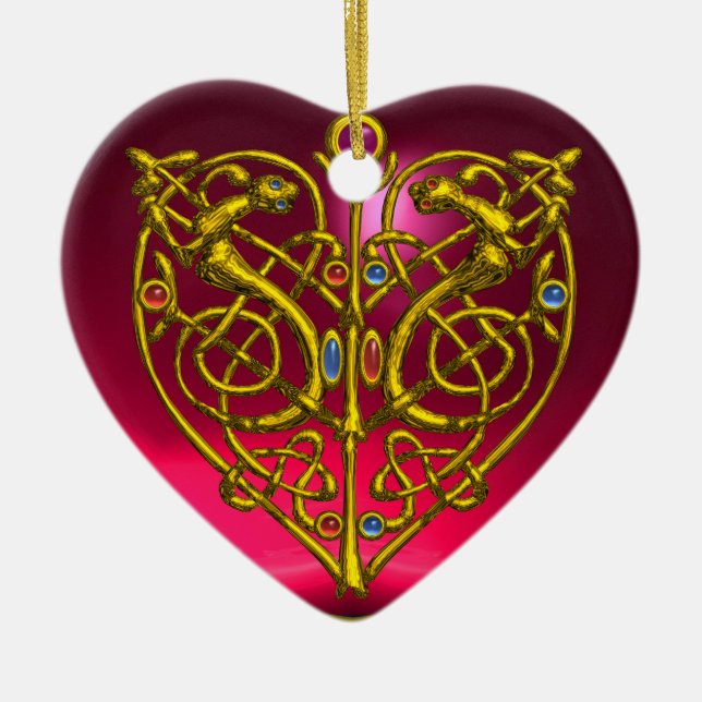 HYPER VALENTINE HEART Red Ruby and Green Emerald Ceramic Tree Decoration (Front)